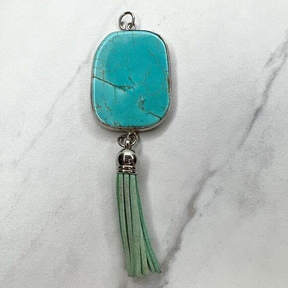 Silver Tone Faux Turquoise Slab Tassel Pendant - Picture 1 of 8